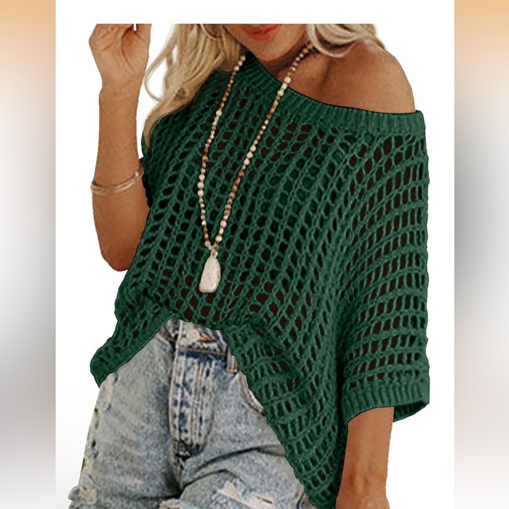 UEU NWT XL HUNTER Green CROCHET Knit OPEN WORKS Short Sleeve SOFT Sweater TUNIC